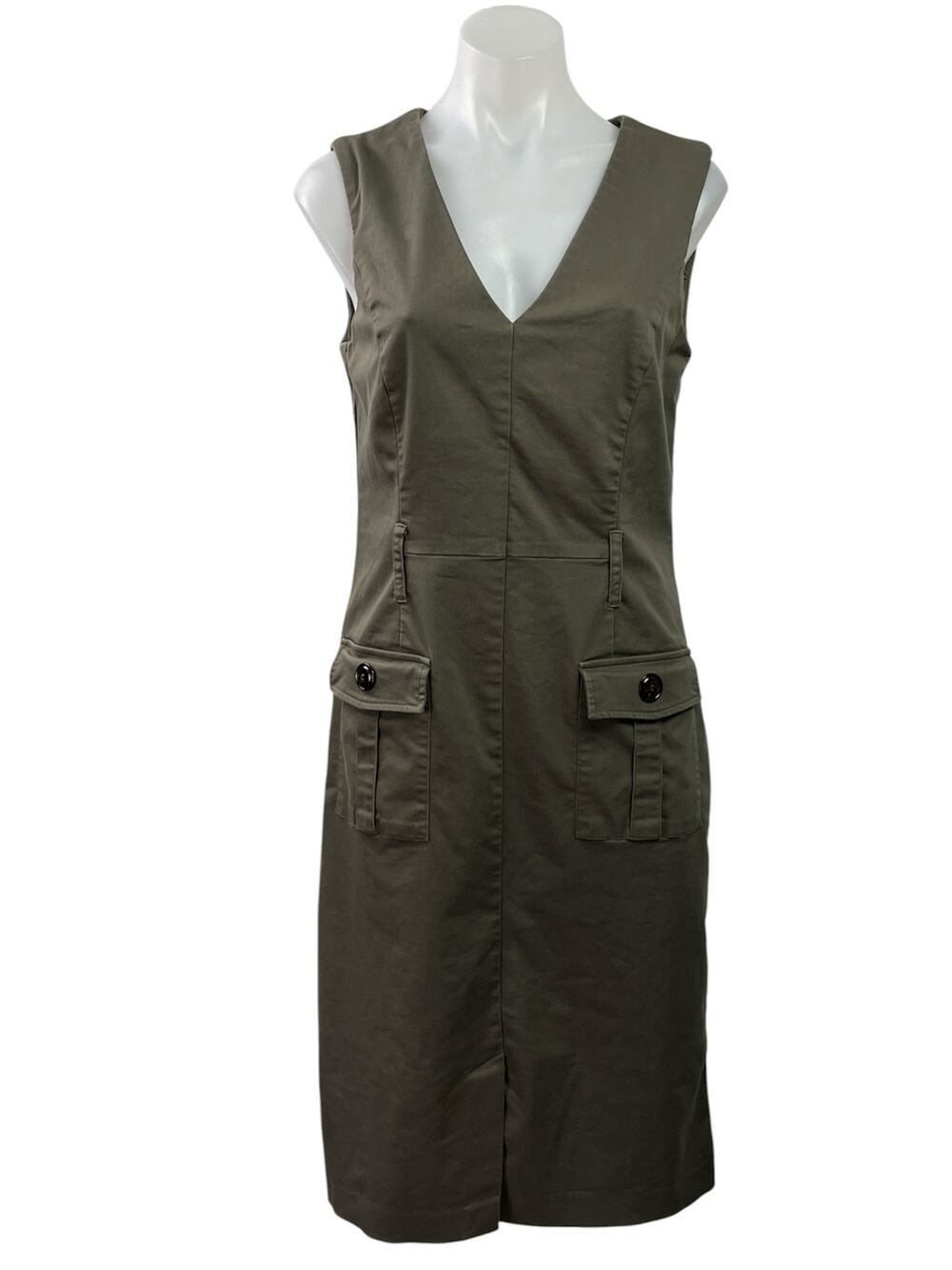 Joseph Ribkoff Olive Green Sleeveless V Neck Pocket Slit Mini Tank Dress Size 10